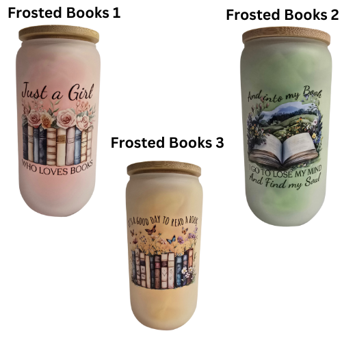 Frosted Books 16oz Glass Can Tumbler with Bamboo Lid, Straw & Cleaning Brush