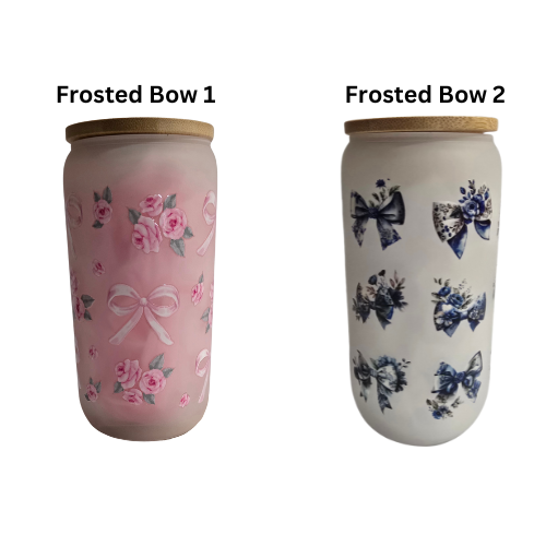 Frosted Bows 16oz Glass Can Tumbler with Bamboo Lid, Straw & Cleaning Brush