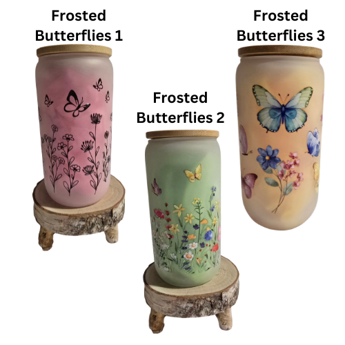 Frosted Butterflies Glass Can 16oz Tumbler with Bamboo Lid, Straw & Cleaning Brush