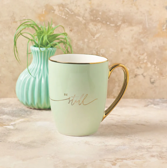 Be Still Soft Green and Gold Ceramic Coffee Mug