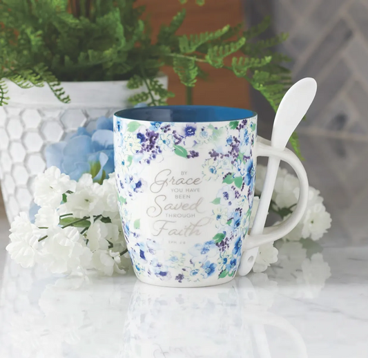 Saved by Grace Blue Floral Ceramic Coffee Mug with Spoon