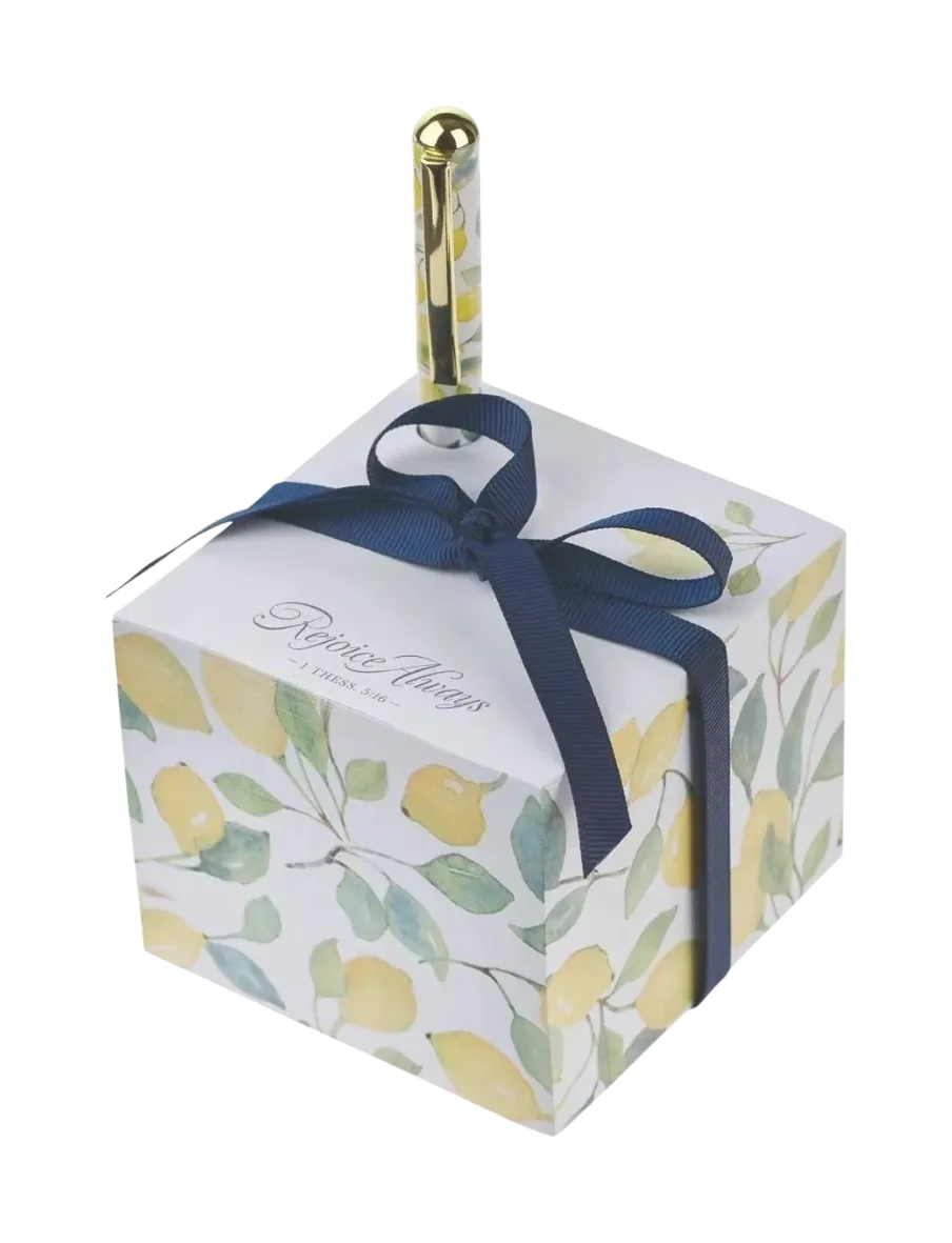 Rejoice Always Yellow Lemon Note Block with a Pen