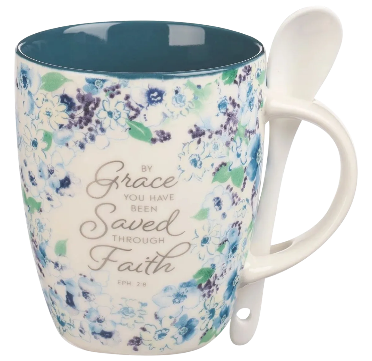 Saved by Grace Blue Floral Ceramic Coffee Mug with Spoon