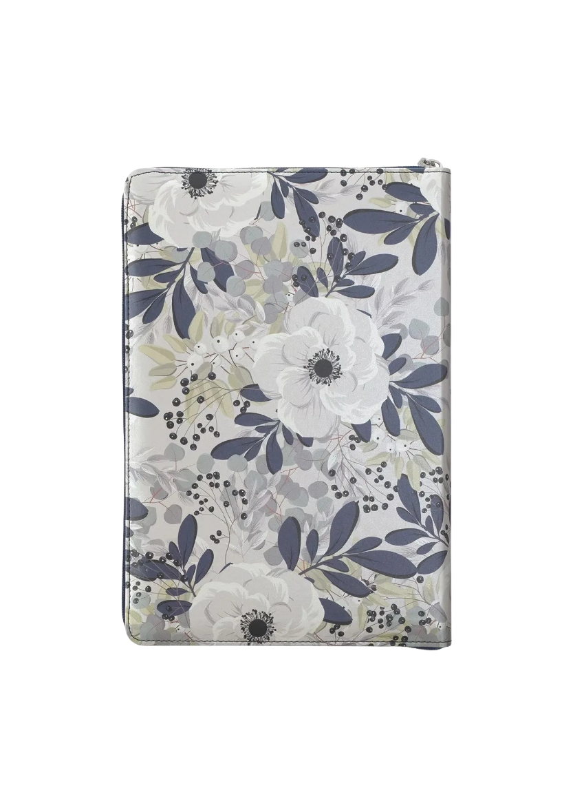 Blue Pearlized Floral Lg Print Thinline KJV Bible w Zipper & Thumb Index