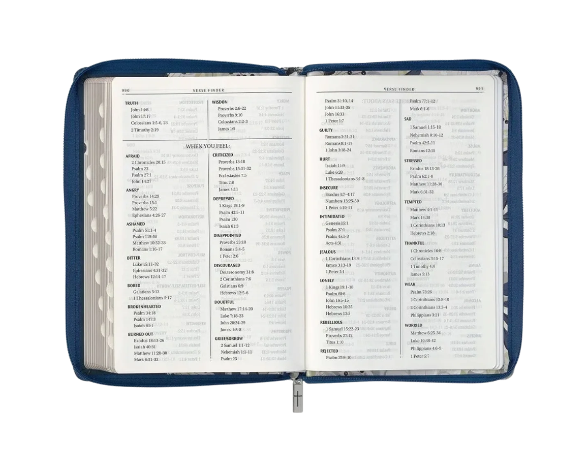 Blue Pearlized Floral Lg Print Thinline KJV Bible w Zipper & Thumb Index