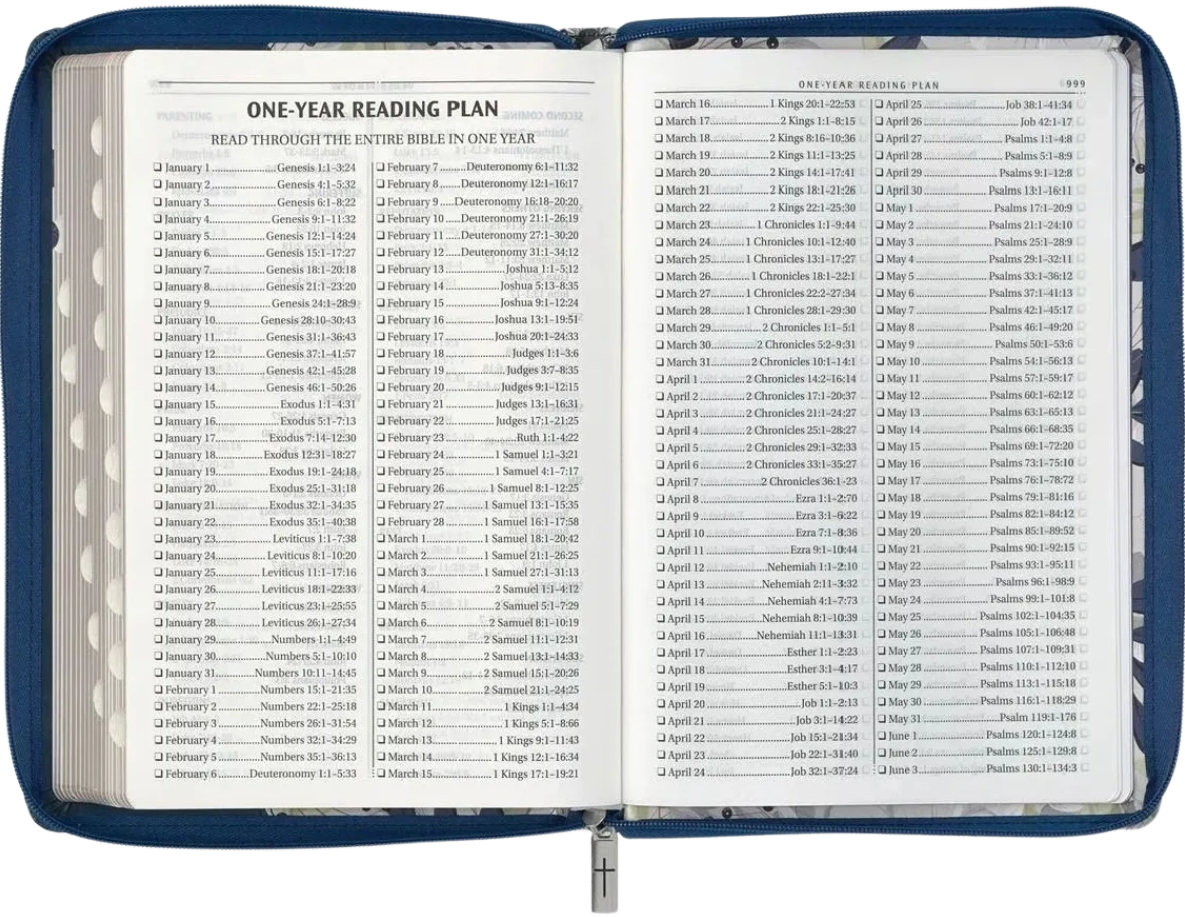 Blue Pearlized Floral Lg Print Thinline KJV Bible w Zipper & Thumb Index