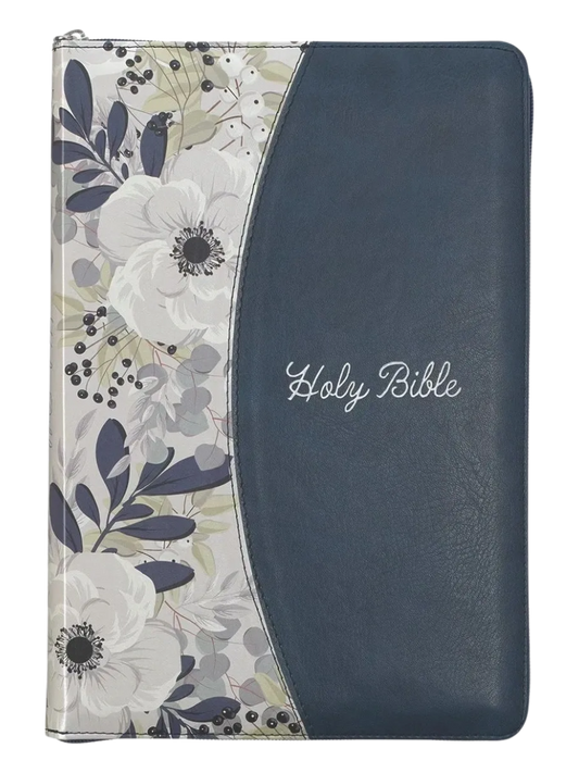 Blue Pearlized Floral Lg Print Thinline KJV Bible w Zipper & Thumb Index