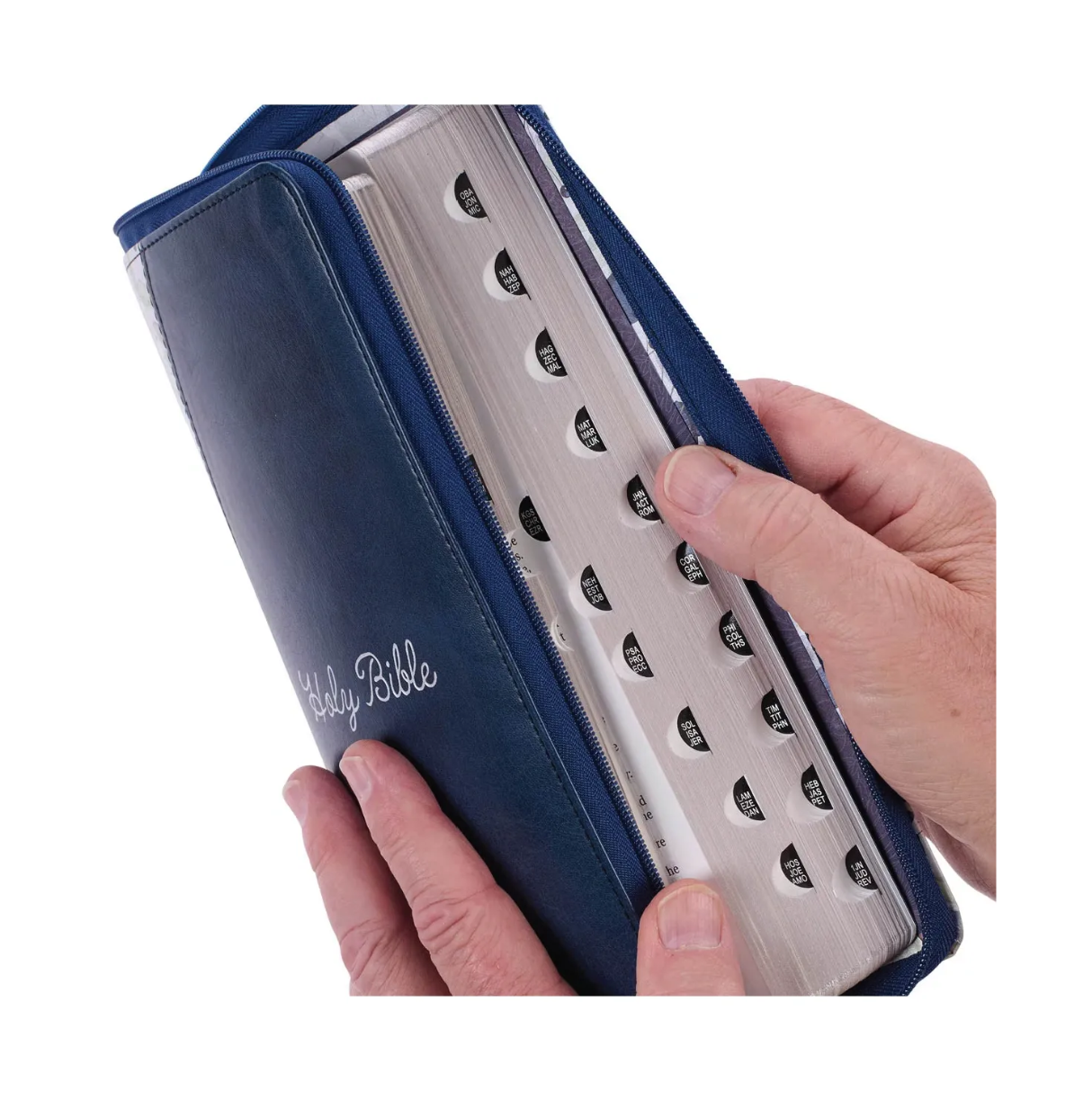 Blue Pearlized Floral Lg Print Thinline KJV Bible w Zipper & Thumb Index