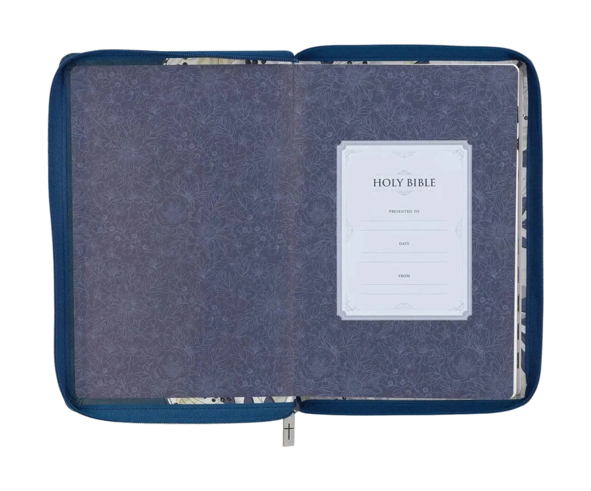 Blue Pearlized Floral Lg Print Thinline KJV Bible w Zipper & Thumb Index