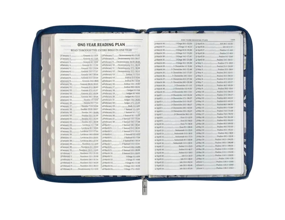 Blue Pearlized Floral Lg Print Thinline KJV Bible w Zipper & Thumb Index